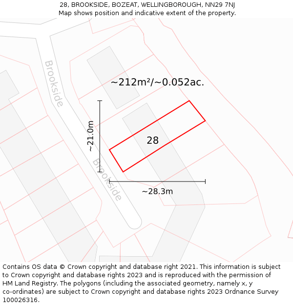 28, BROOKSIDE, BOZEAT, WELLINGBOROUGH, NN29 7NJ: Plot and title map