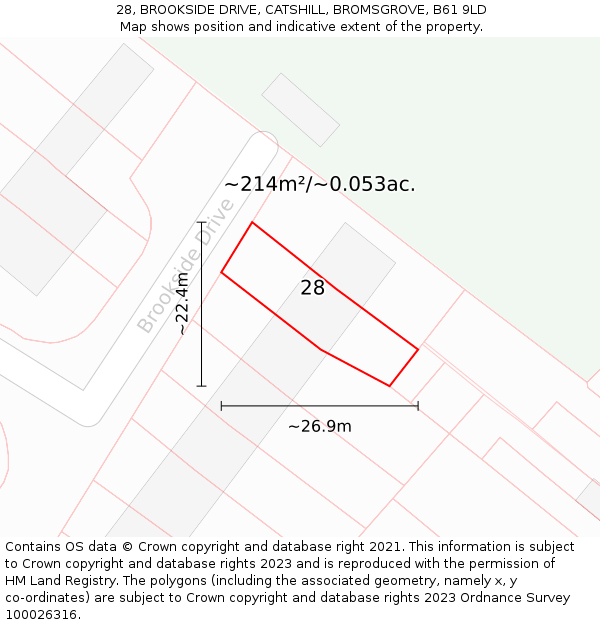 28, BROOKSIDE DRIVE, CATSHILL, BROMSGROVE, B61 9LD: Plot and title map