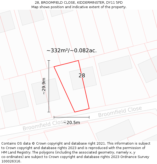 28, BROOMFIELD CLOSE, KIDDERMINSTER, DY11 5PD: Plot and title map