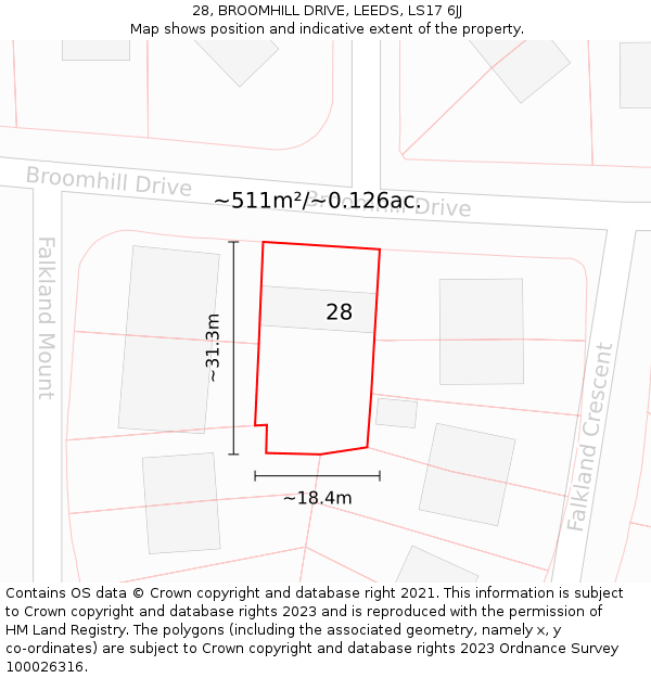 28, BROOMHILL DRIVE, LEEDS, LS17 6JJ: Plot and title map