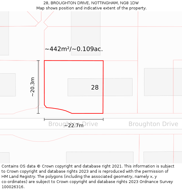 28, BROUGHTON DRIVE, NOTTINGHAM, NG8 1DW: Plot and title map