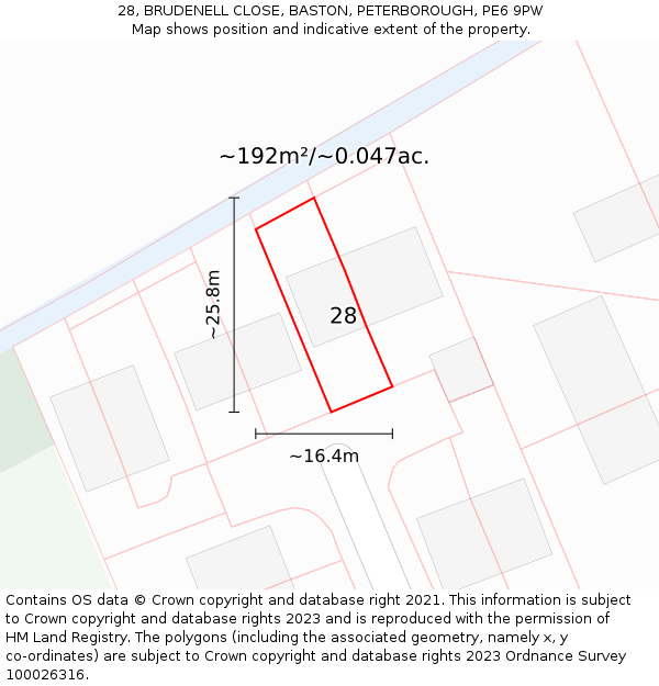28, BRUDENELL CLOSE, BASTON, PETERBOROUGH, PE6 9PW: Plot and title map