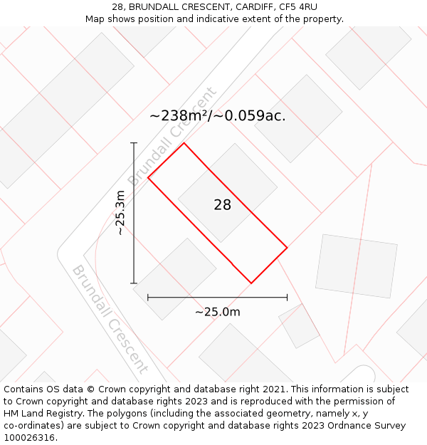 28, BRUNDALL CRESCENT, CARDIFF, CF5 4RU: Plot and title map