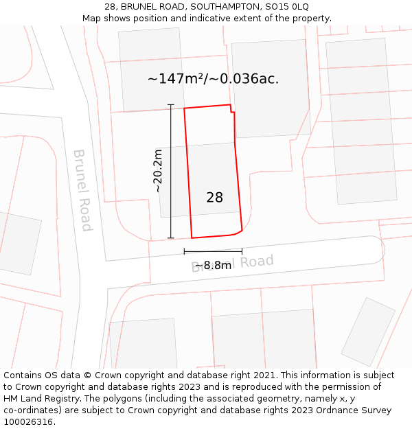 28, BRUNEL ROAD, SOUTHAMPTON, SO15 0LQ: Plot and title map