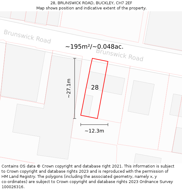 28, BRUNSWICK ROAD, BUCKLEY, CH7 2EF: Plot and title map