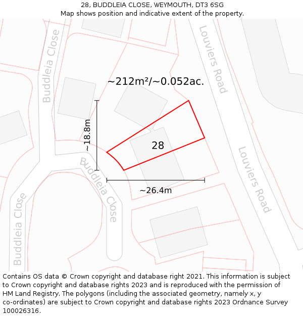 28, BUDDLEIA CLOSE, WEYMOUTH, DT3 6SG: Plot and title map