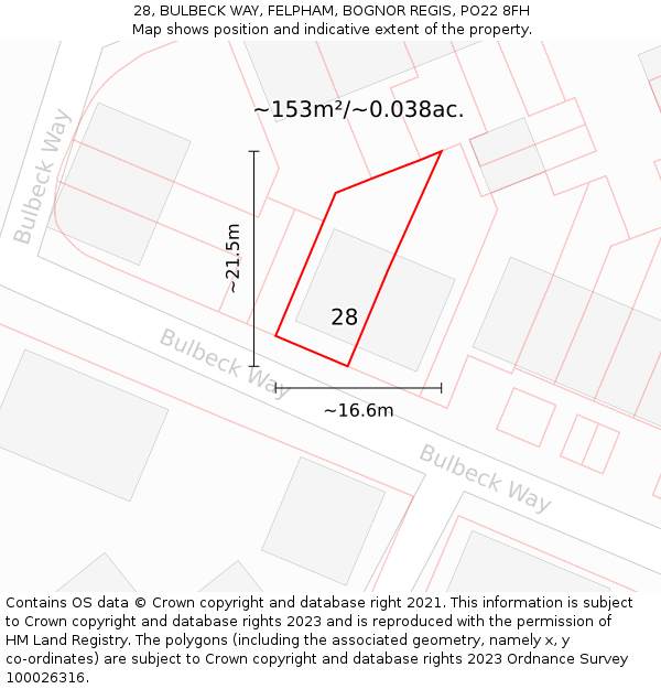 28, BULBECK WAY, FELPHAM, BOGNOR REGIS, PO22 8FH: Plot and title map