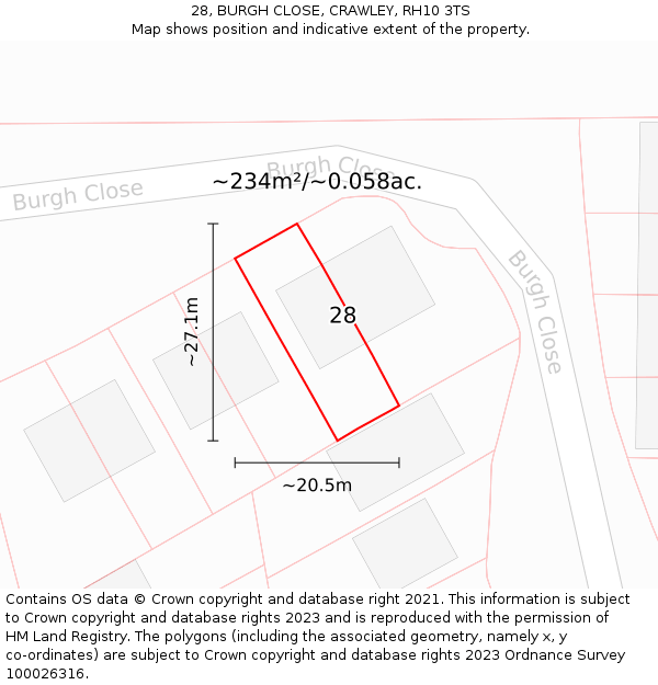 28, BURGH CLOSE, CRAWLEY, RH10 3TS: Plot and title map