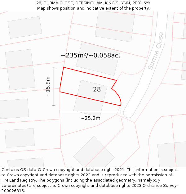 28, BURMA CLOSE, DERSINGHAM, KING'S LYNN, PE31 6YY: Plot and title map