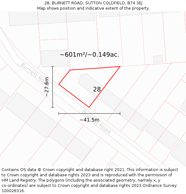 28, BURNETT ROAD, SUTTON COLDFIELD, B74 3EJ: Plot and title map