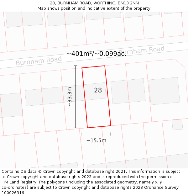 28, BURNHAM ROAD, WORTHING, BN13 2NN: Plot and title map