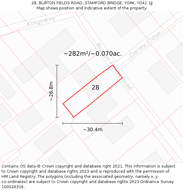 28, BURTON FIELDS ROAD, STAMFORD BRIDGE, YORK, YO41 1JJ: Plot and title map
