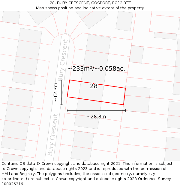28, BURY CRESCENT, GOSPORT, PO12 3TZ: Plot and title map