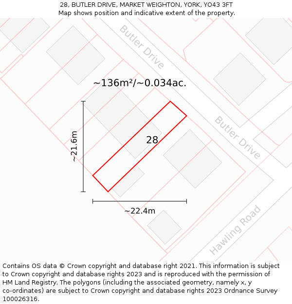 28, BUTLER DRIVE, MARKET WEIGHTON, YORK, YO43 3FT: Plot and title map