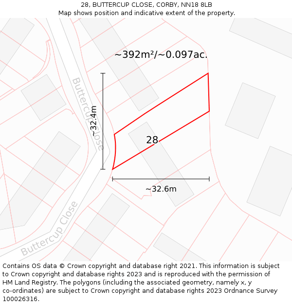 28, BUTTERCUP CLOSE, CORBY, NN18 8LB: Plot and title map