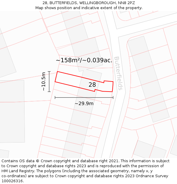 28, BUTTERFIELDS, WELLINGBOROUGH, NN8 2PZ: Plot and title map