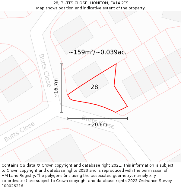 28, BUTTS CLOSE, HONITON, EX14 2FS: Plot and title map