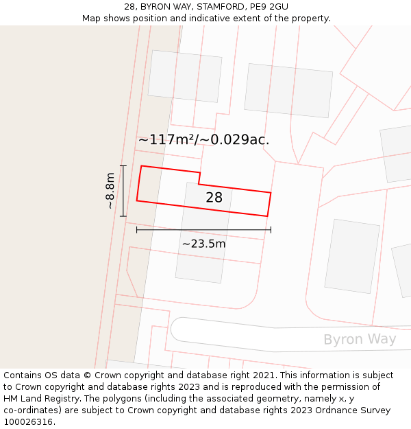 28, BYRON WAY, STAMFORD, PE9 2GU: Plot and title map