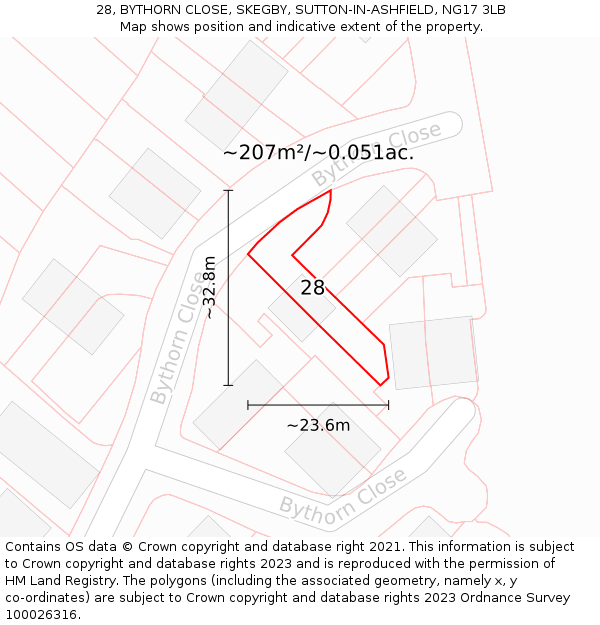 28, BYTHORN CLOSE, SKEGBY, SUTTON-IN-ASHFIELD, NG17 3LB: Plot and title map