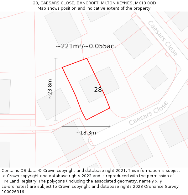 28, CAESARS CLOSE, BANCROFT, MILTON KEYNES, MK13 0QD: Plot and title map
