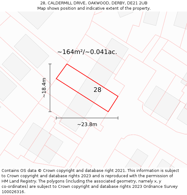 28, CALDERMILL DRIVE, OAKWOOD, DERBY, DE21 2UB: Plot and title map