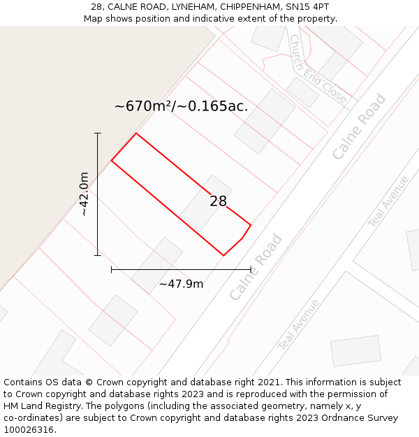 28, CALNE ROAD, LYNEHAM, CHIPPENHAM, SN15 4PT: Plot and title map
