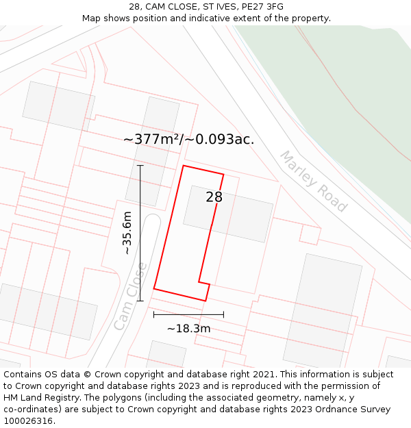 28, CAM CLOSE, ST IVES, PE27 3FG: Plot and title map