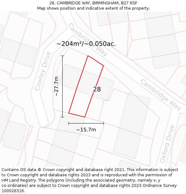 28, CAMBRIDGE WAY, BIRMINGHAM, B27 6SF: Plot and title map