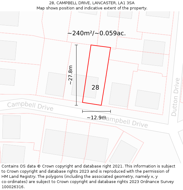 28, CAMPBELL DRIVE, LANCASTER, LA1 3SA: Plot and title map