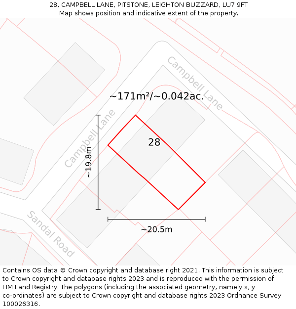 28, CAMPBELL LANE, PITSTONE, LEIGHTON BUZZARD, LU7 9FT: Plot and title map