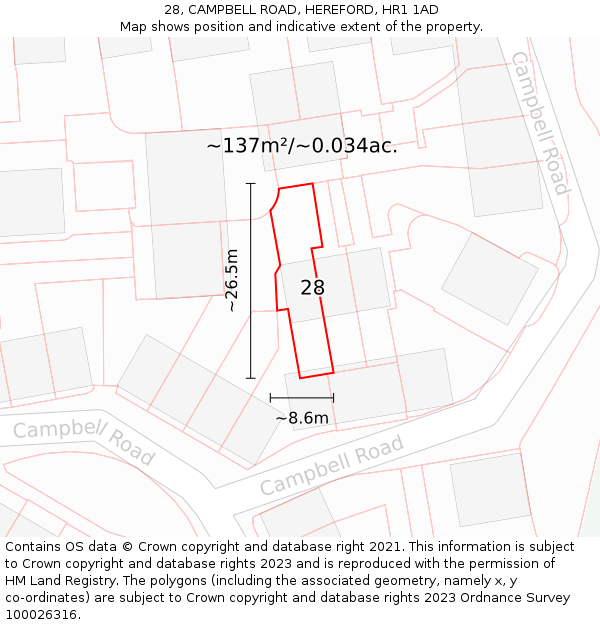 28, CAMPBELL ROAD, HEREFORD, HR1 1AD: Plot and title map