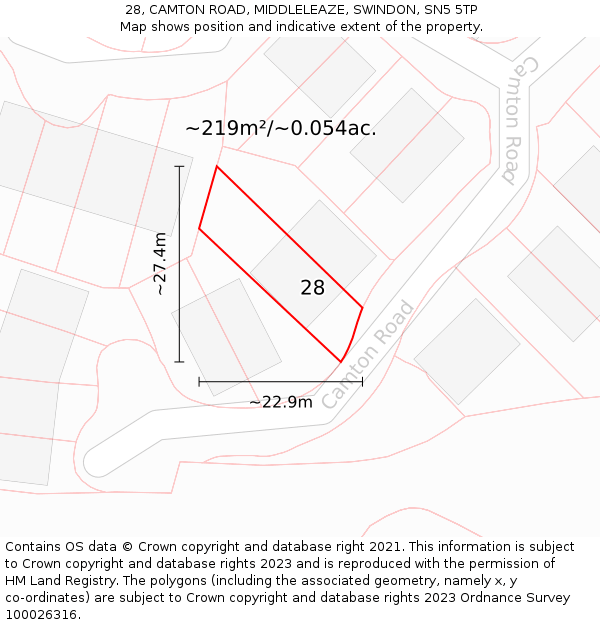 28, CAMTON ROAD, MIDDLELEAZE, SWINDON, SN5 5TP: Plot and title map