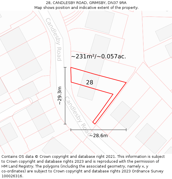 28, CANDLESBY ROAD, GRIMSBY, DN37 9RA: Plot and title map