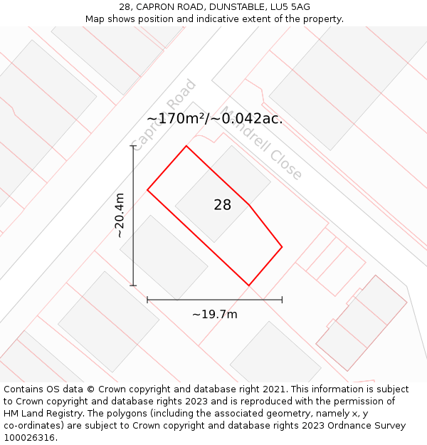 28, CAPRON ROAD, DUNSTABLE, LU5 5AG: Plot and title map