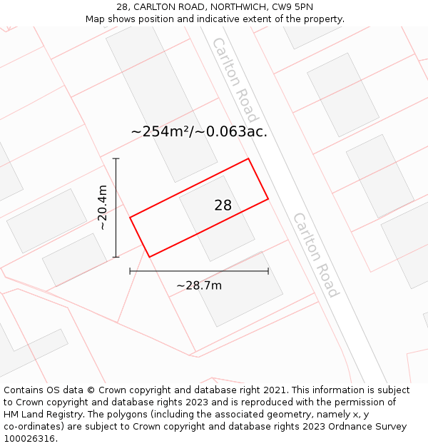 28, CARLTON ROAD, NORTHWICH, CW9 5PN: Plot and title map