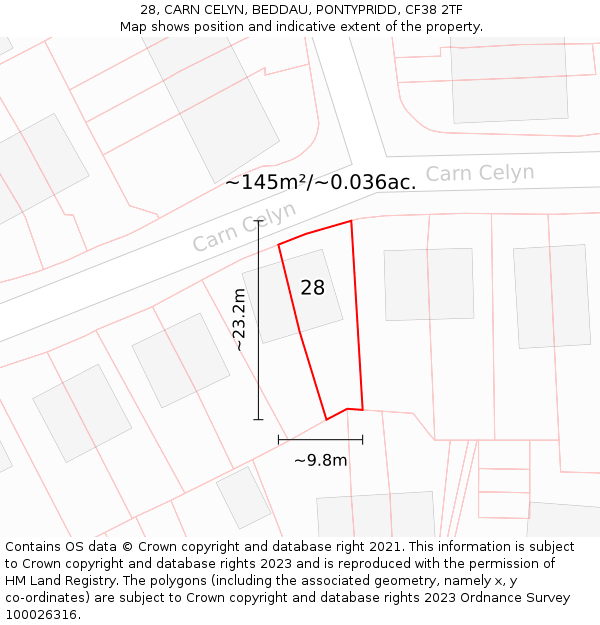 28, CARN CELYN, BEDDAU, PONTYPRIDD, CF38 2TF: Plot and title map