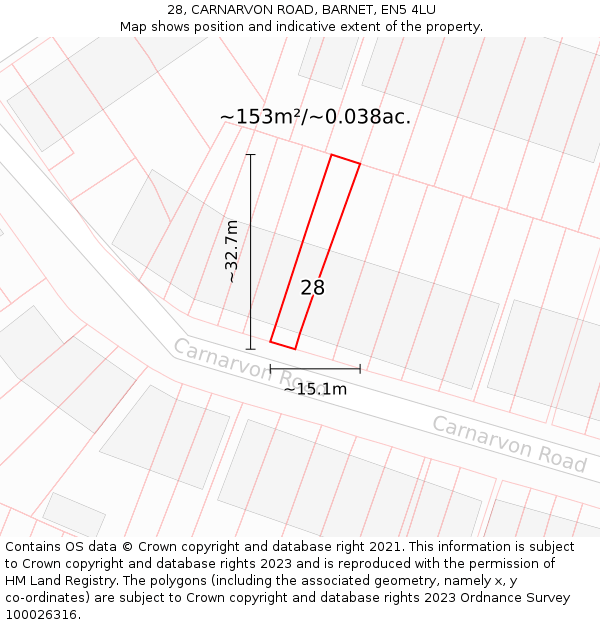 28, CARNARVON ROAD, BARNET, EN5 4LU: Plot and title map