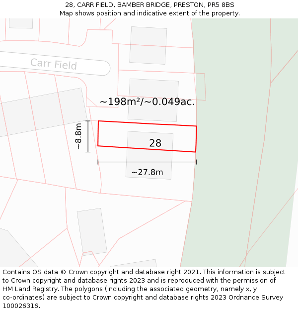 28, CARR FIELD, BAMBER BRIDGE, PRESTON, PR5 8BS: Plot and title map
