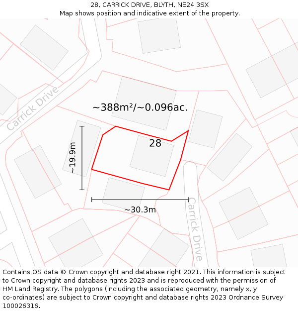 28, CARRICK DRIVE, BLYTH, NE24 3SX: Plot and title map