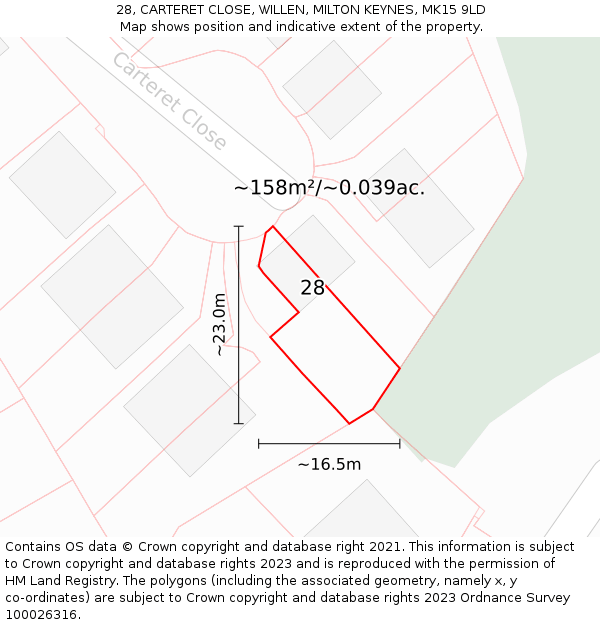 28, CARTERET CLOSE, WILLEN, MILTON KEYNES, MK15 9LD: Plot and title map