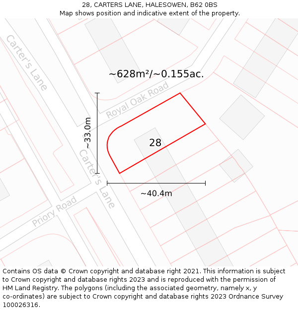 28, CARTERS LANE, HALESOWEN, B62 0BS: Plot and title map