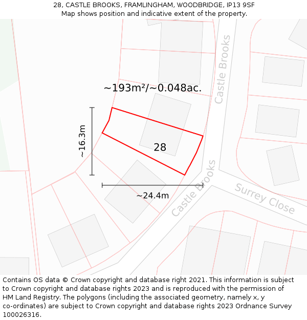 28, CASTLE BROOKS, FRAMLINGHAM, WOODBRIDGE, IP13 9SF: Plot and title map