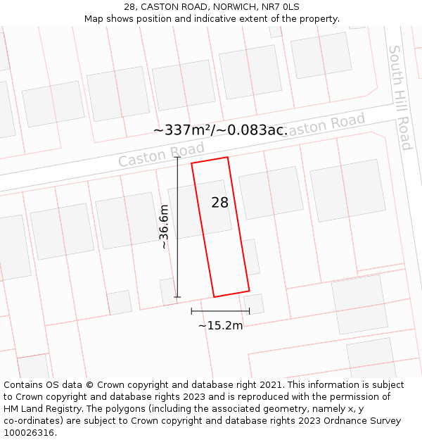 28, CASTON ROAD, NORWICH, NR7 0LS: Plot and title map