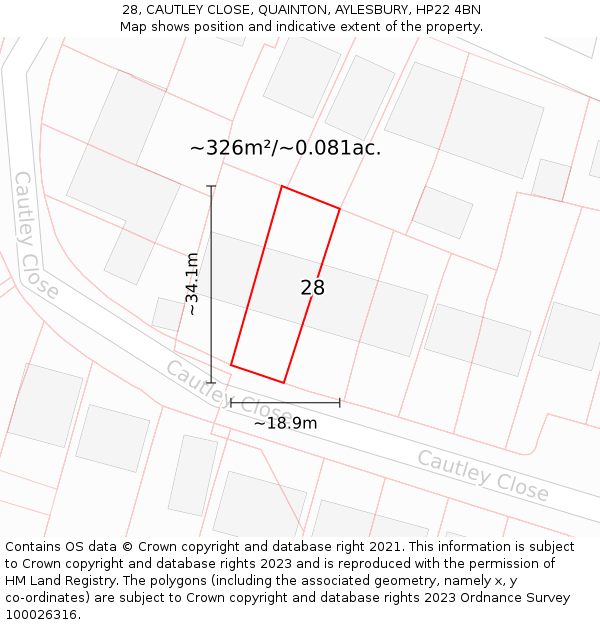 28, CAUTLEY CLOSE, QUAINTON, AYLESBURY, HP22 4BN: Plot and title map