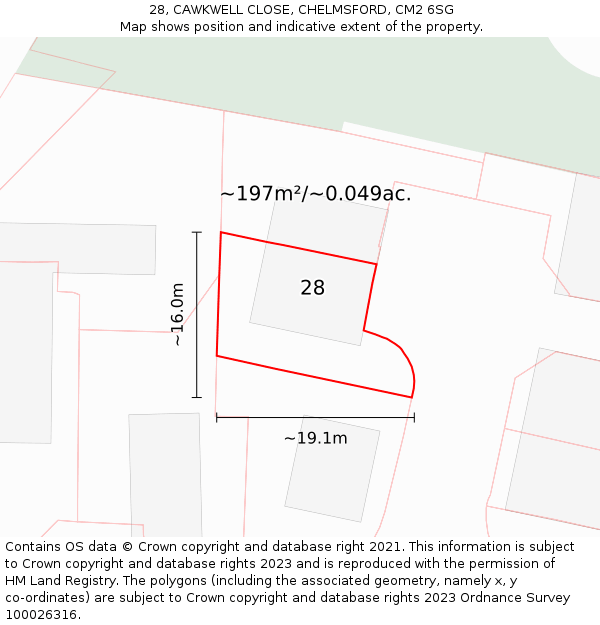 28, CAWKWELL CLOSE, CHELMSFORD, CM2 6SG: Plot and title map
