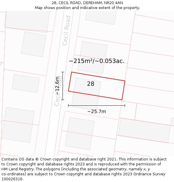 28, CECIL ROAD, DEREHAM, NR20 4AN: Plot and title map