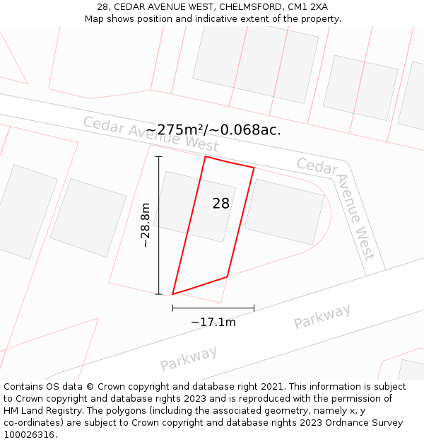 28, CEDAR AVENUE WEST, CHELMSFORD, CM1 2XA: Plot and title map