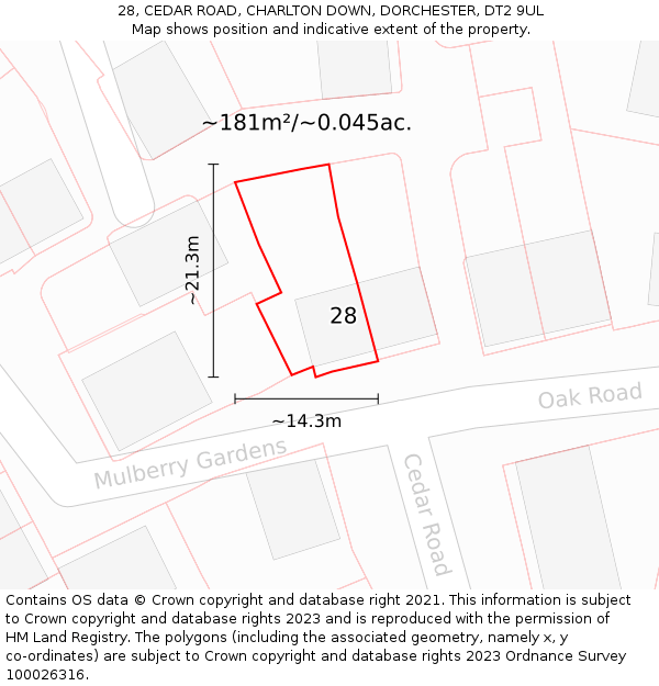 28, CEDAR ROAD, CHARLTON DOWN, DORCHESTER, DT2 9UL: Plot and title map