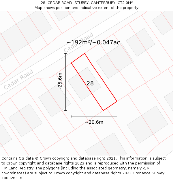 28, CEDAR ROAD, STURRY, CANTERBURY, CT2 0HY: Plot and title map