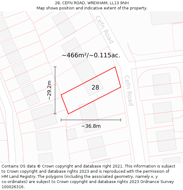 28, CEFN ROAD, WREXHAM, LL13 9NH: Plot and title map